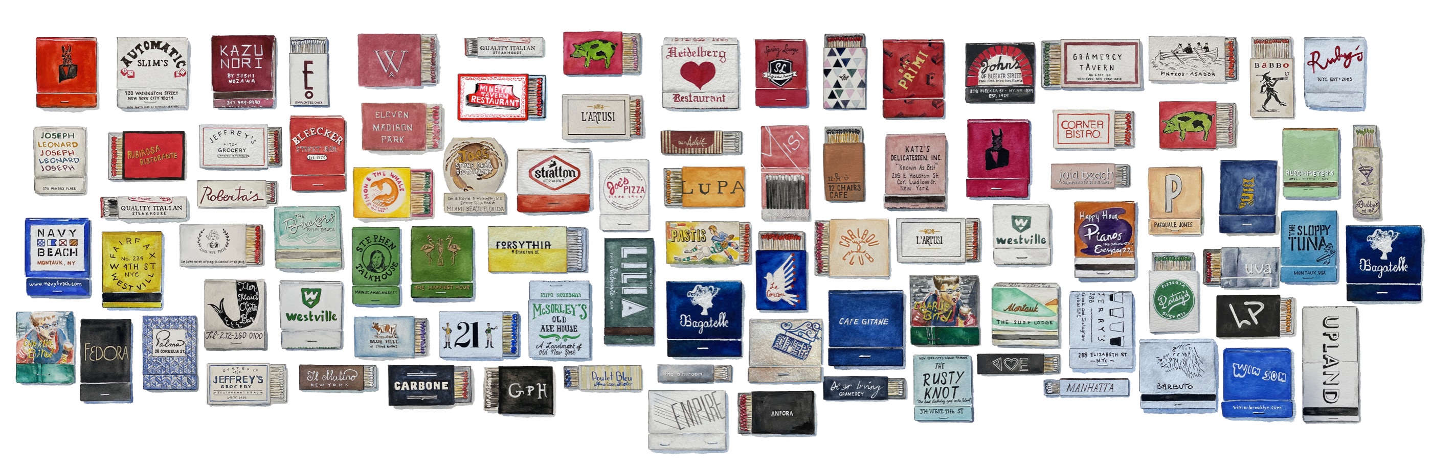 Over 100 of Brenna's hand-painted matchbooks laid out together
